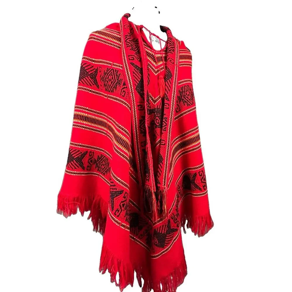 Red Black Woven Geometric Fringe Poncho Cape Shawl Boho Festival One Size